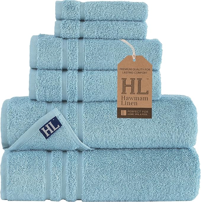 Hawmam Linen Light Blue 6 Piece Bath Towels Set for Bathroom Original Turkish Cotton Soft Absorbent and Premium Bath Towels Hand Towels