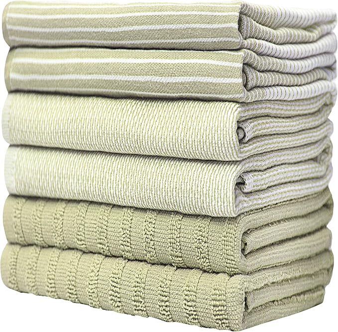 Premium Kitchen Towels 6 Pack Large Cotton Flat Terry Absorbent Tea Towels with Hanging Loop Sage Green 20x28