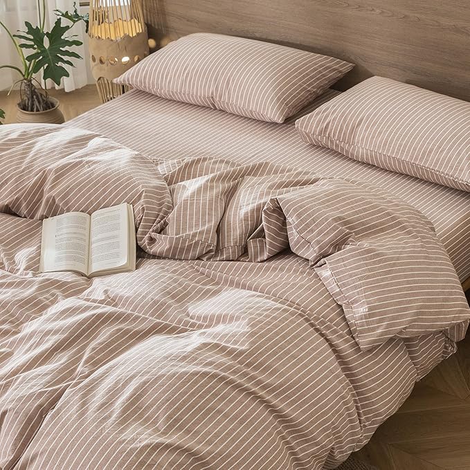 MooMee Striped Duvet Cover Set 100% Washed Cotton Linen Like Textured Breathable Durable Soft Comfy (Orange White Wide Stripes, Palatial King/Oversized King 120"x98")