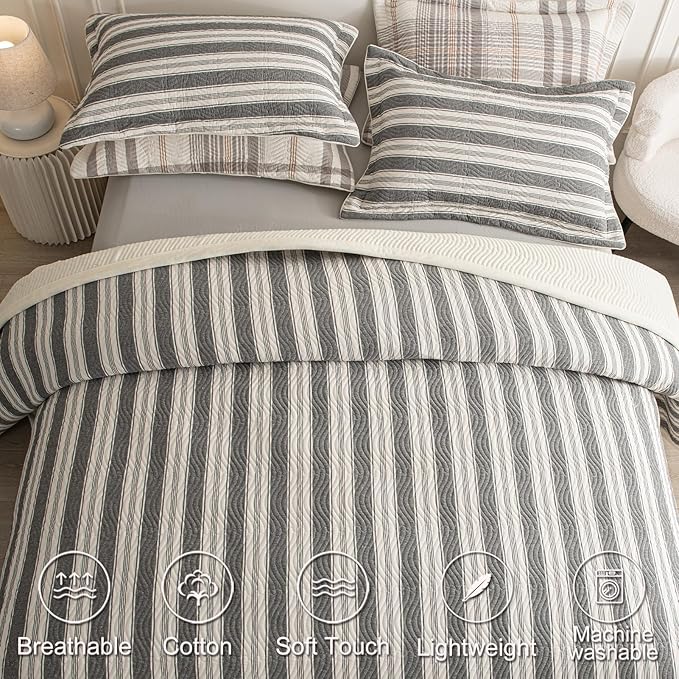 Cotton Striped Quilt Set King 3 Piece Lightweight Reversible Bedding, Stripe Grey White