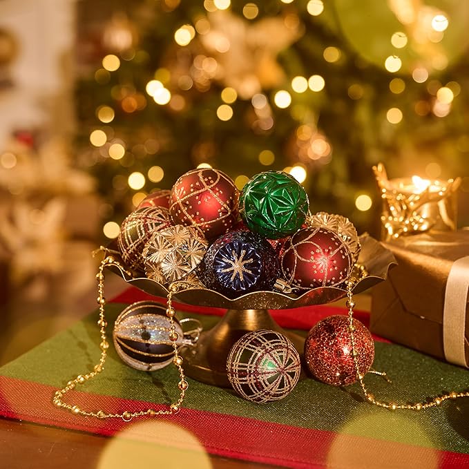 Valery Madelyn Ornaments for Christmas Trees, 16ct 2.36 Inches Red Green and Gold Shatterproof Christmas Tree Decorations, Luxury Hanging Ball Ornaments for Xmas Holiday Party Decor