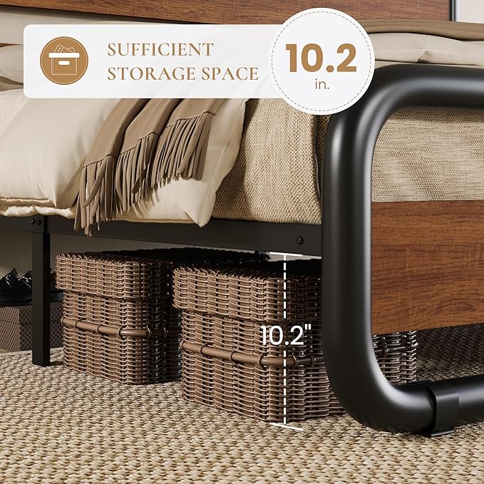 SHA CERLIN Full Size Metal Bed Frame with Wooden Headboard and Footboard, Heavy Duty Platform Frame with Under-Bed Storage, Noise Free, No Box Spring Needed, Vintage Walnut