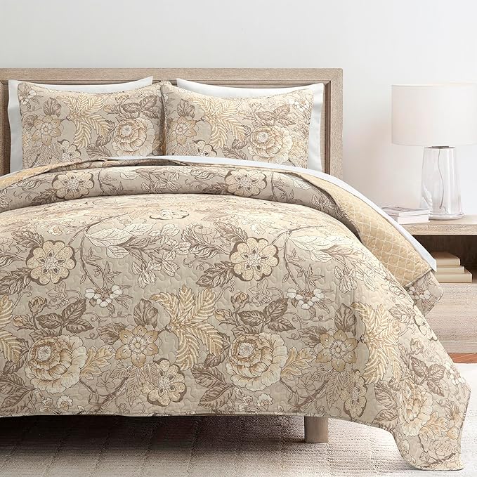 Lush Decor Sydney Reversible Cotton Quilt Set Queen 3 Piece Bedding, Beige Floral Neutral