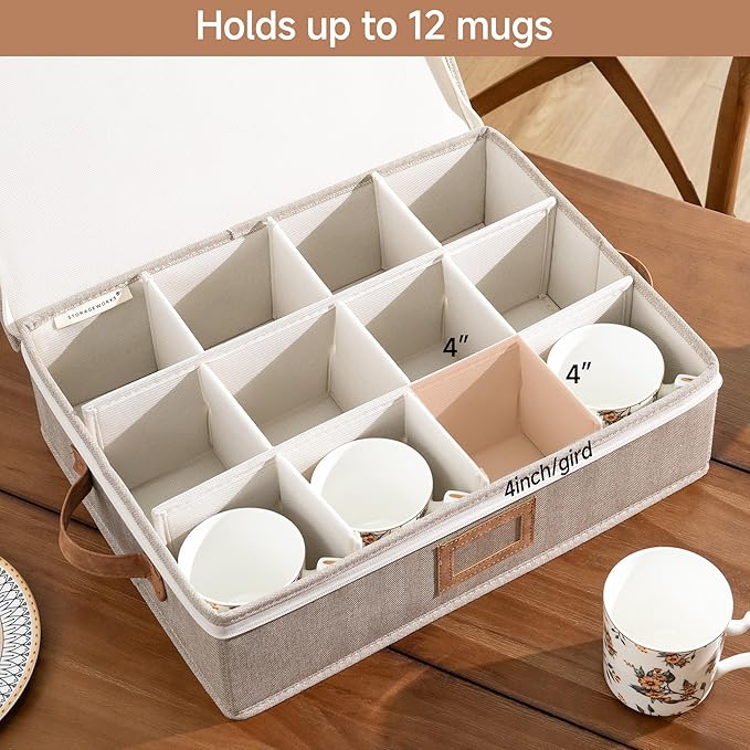 StorageWorks China Storage Container, Stackable Mug Storage Box with Dividers, Stemware Storage Cases, Hard Shell China Cup Organizer, Holds 12 Tea Cups and Coffee Mug, 2 Pack, Brown and Beige