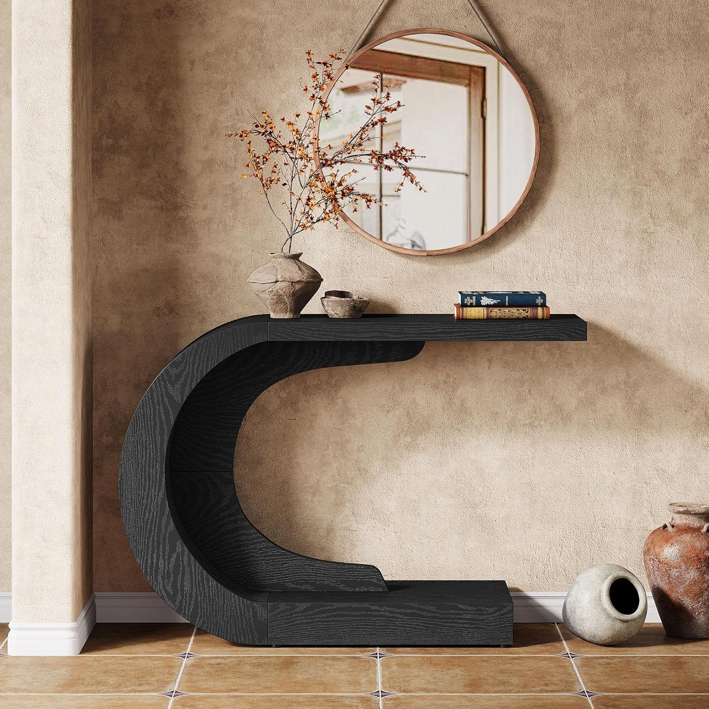 Tribesigns 43.3" Farmhouse Console Table for Entryway, Unique C-Shaped Rustic Sofa Table Behind Couch with Storage for Living Room, Hallway, Entry, Entrance, Foyer, Easy Assembly, Black