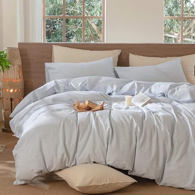 MooMee Striped Duvet Cover Set 100% Washed Cotton Linen Like Textured Breathable Durable Soft Comfy (Cornflower Blue White Pinstripes, Super King 108"x98")