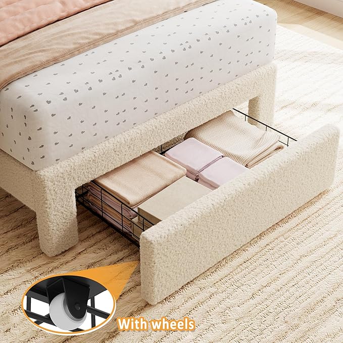 GarveeHome Twin Bed Frame with Under-Bed Drawer, Upholstered Platform Bed with Wave Headboard for Kids/Girls, Wooden Slats Support, No Box Spring Needed, Boucle Beige