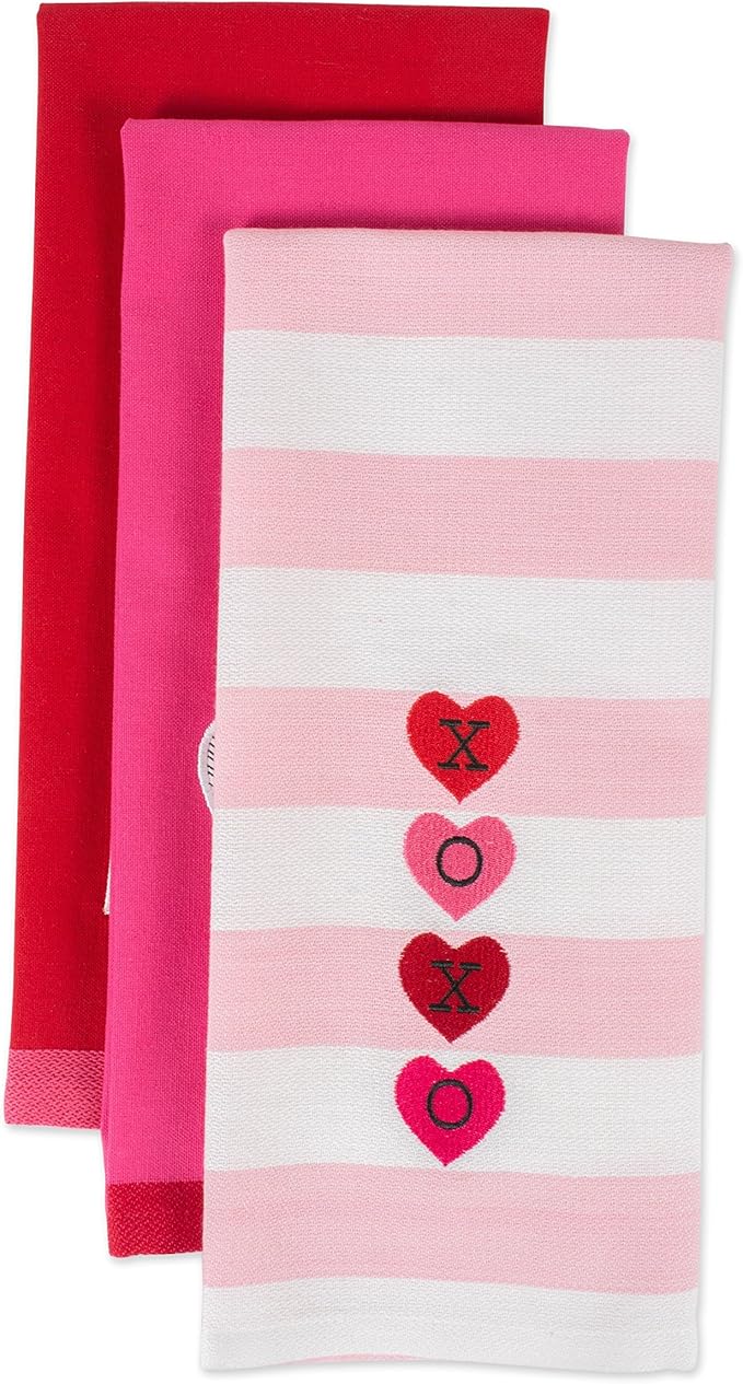 DII Valentine Dish Towels Set of 3 Embellished Hearts Decorative Kitchen Towels 18x28