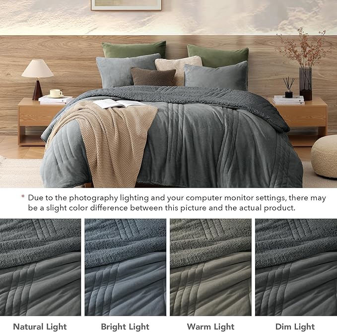 Monbix Fluffy Full Comforter Set Blue Grey, Sherpa Plush Fuzzy Comforter 3 Piece for Full Size Bed, Luxury Soft Winter Warm Bedding Set