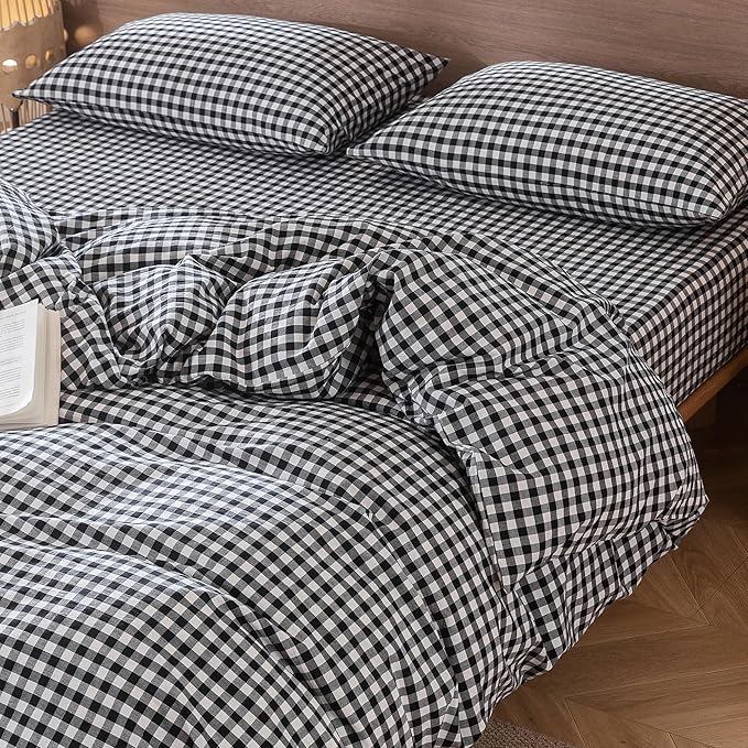 MooMee Gingham Duvet Cover Set 100% Washed Cotton Linen Like Textured Breathable Durable Soft Comfy Modern Checkered Design (Black White Gingham, Super King 108"x98")