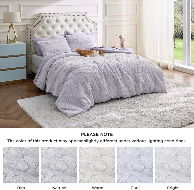 Bedsure Full Size Comforter Set, Light Purple Boho Tufted Bed Set, 3D Puffy Jacquard Bedding Full Size, 3 Pieces, 1 Farmhouse Shabby Chic Embroidery Comforter with Bow Pattern & 2 Pillow Cases