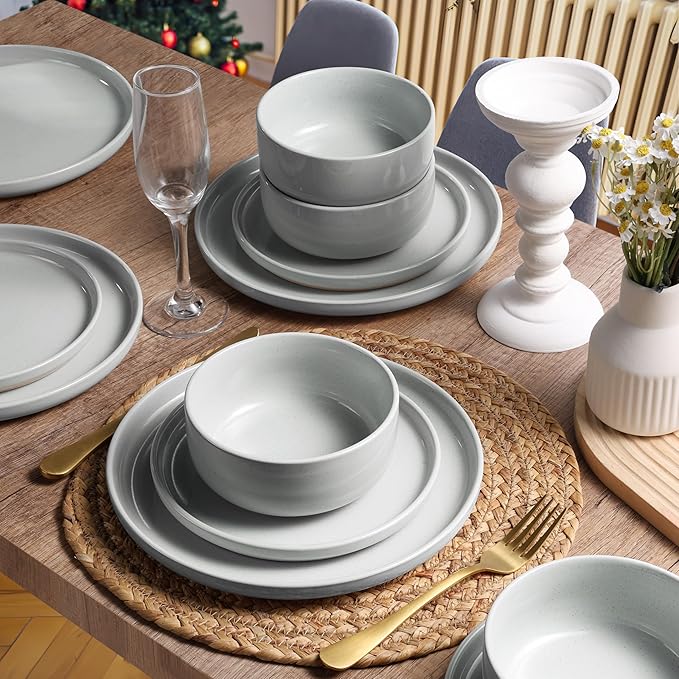 HaWare Stoneware Dinnerware Sets, 12-Piece Plates and Bowls Set for 4, Dishes Set for Home Restaurant, Speckled Misty Grey
