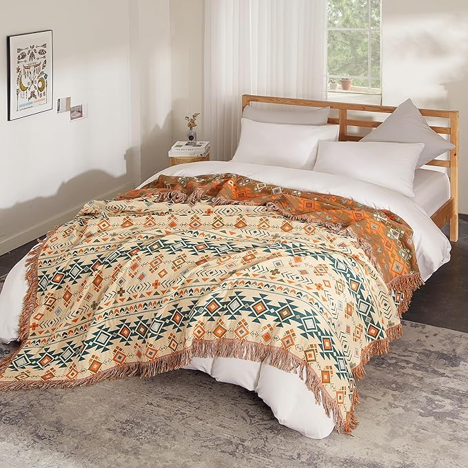 Boho Throw Blanket 100% Cotton Woven Ultra Soft 4-Layer Muslin Quilt Farmhouse Bed Blanket Cover 60"x80", Diamond