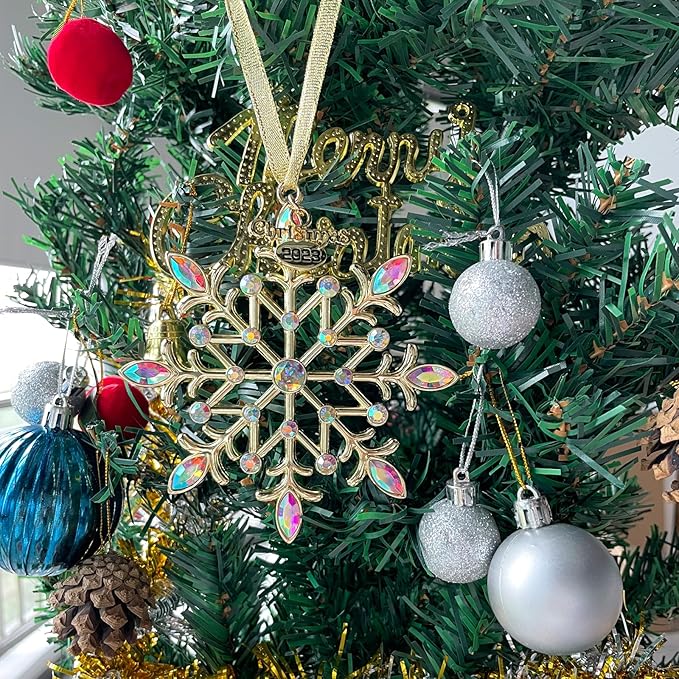 Christmas Snowflake Ornaments 2023 Decor for Christmas Tree Metal Hanging Rhinestones Glitter Crafts Snow Flake Decorations Indoor for Holidays Winter Home Window Room Door-Gold