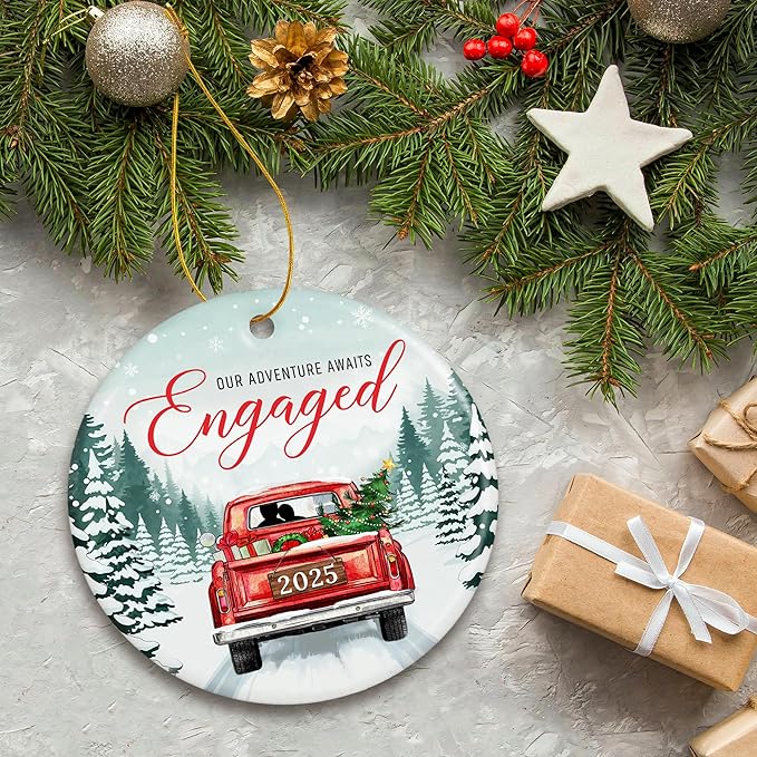 ZAGKOO Engagement Ornament 2025 – First Christmas Engaged Ornament 2025 for Couples – Ceramic Keepsake for Bride to Be, Fiance, and Newly Engaged Women – Party Decoration