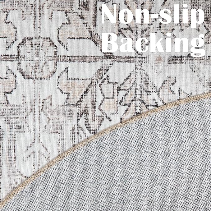 jinchan Vintage Floral Washable Round Rug 5ft Non-Slip Carpet, Taupe
