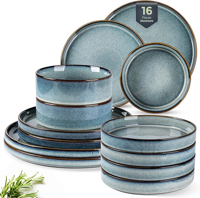 GBHOME Ceramic Dinnerware Sets With Double Bowl for 4, 16 Pieces Stoneware Plates and Bowls Set, Reactive Glaze Dishes -Scratch Resistant, Dishwasher&Microwave Safe
