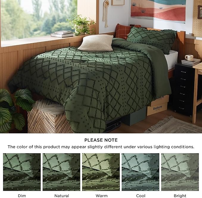 Bedsure Twin Comforter Set - Olive Green Comforter, Boho Tufted Shabby Chic Bedding for Kids, 2 Pieces Vintage Farmhouse Bed Set for All Seasons, Fluffy Soft Bedding with 1 Pillow Sham