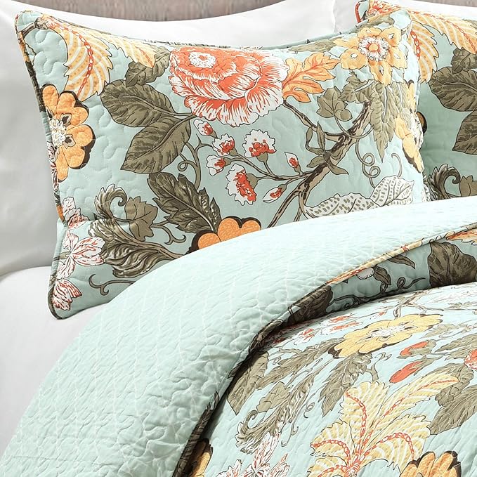 Lush Decor Sydney Reversible Cotton Quilt Set King 3 Piece Bedding, Blue Green
