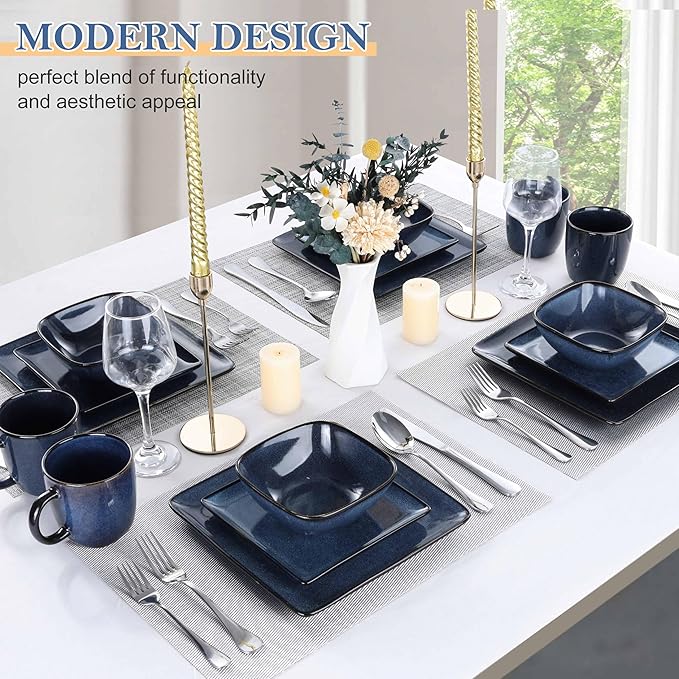 LIANYU 16 Piece Square Dinnerware Sets, Ceramic Plates and Bowls Sets for 4, Dinner Dishes for Kitchen Dining, Microwave & Dishwasher Safe, Sapphire Blue