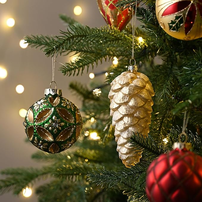 Valery Madelyn Glass Christmas Ornaments Set, 10ct Red Green and Gold Mercury Blown Glass Christmas Tree Ball Decorations, Traditional Country Xmas Hanging Teardrop Finial Bulk for Holiday Decor