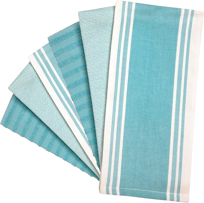 Premium Kitchen Towels 6 Pack Large Cotton Hand Towels Flat Terry Absorbent Tea Towels with Hanging Loop Wide Stripe Aqua 20x28