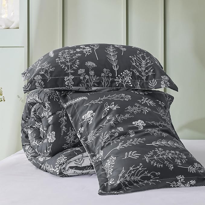 Bedsure California King Comforter Set - Dark Grey Bed Set, 3 Pieces Cute Floral Bedding, 1 Soft Reversible Botanical Flowers Comforter and 2 Pillow Shams