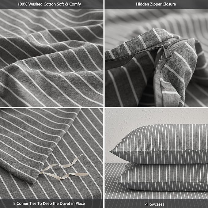 MooMee Striped Duvet Cover Set 100% Washed Cotton Linen Like Textured Breathable Durable Soft Comfy (Dark Grey White Wide Stripes, Oversized Queen 98"x98")