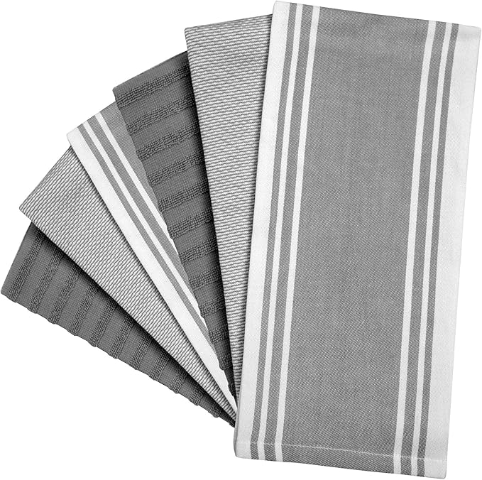 Premium Cotton Kitchen Towels 6 Pack Large Absorbent Flat & Terry Grey Stripe 20x28