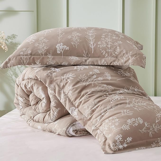 Bedsure California King Comforter Set - Light Taupe Bed Set, 3 Pieces Cute Floral Bedding, 1 Soft Reversible Botanical Flowers Comforter and 2 Pillow Shams
