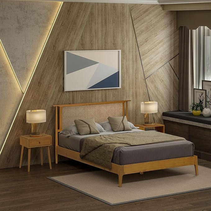 NTC Ruby Wooden Bed Frame with Headboard and Natural Rattan, Solid Oak/Rubber Wood Foundation with Silent Slats, 1000 Lb Capacity, Effortless Assembly (Natural Cane - Rustic Oak, Queen)