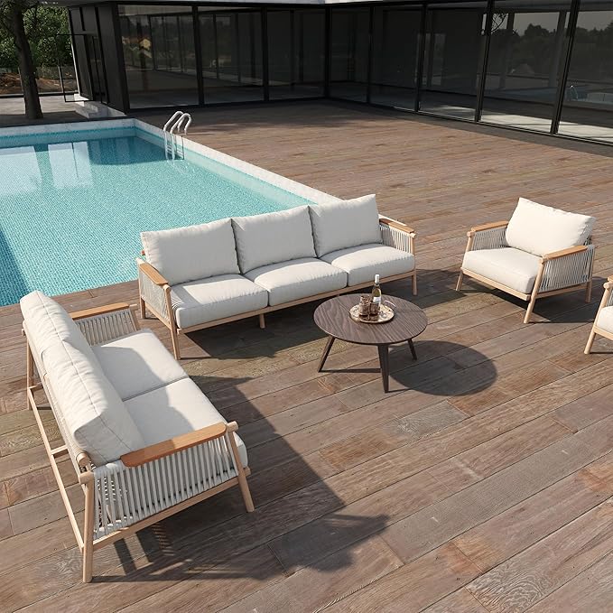 Acanva Modern All-Weather Aluminum Outdoor Sofa with Thick Cushions, Olefin Fabric Sunroom Backyard Furniture, Loveseat Light Khaki
