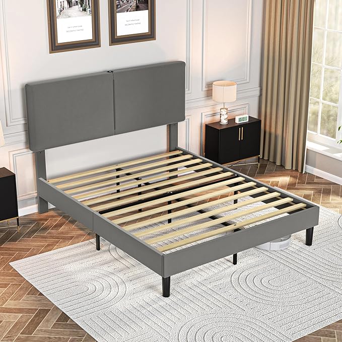 VECELO Full Size Bed Frame, Upholstered Platform with Height-Adjustable Headboard, Wooden Slats Support, Under-Bed Space, No Box Spring Needed, Easy Assembly, Dark Grey