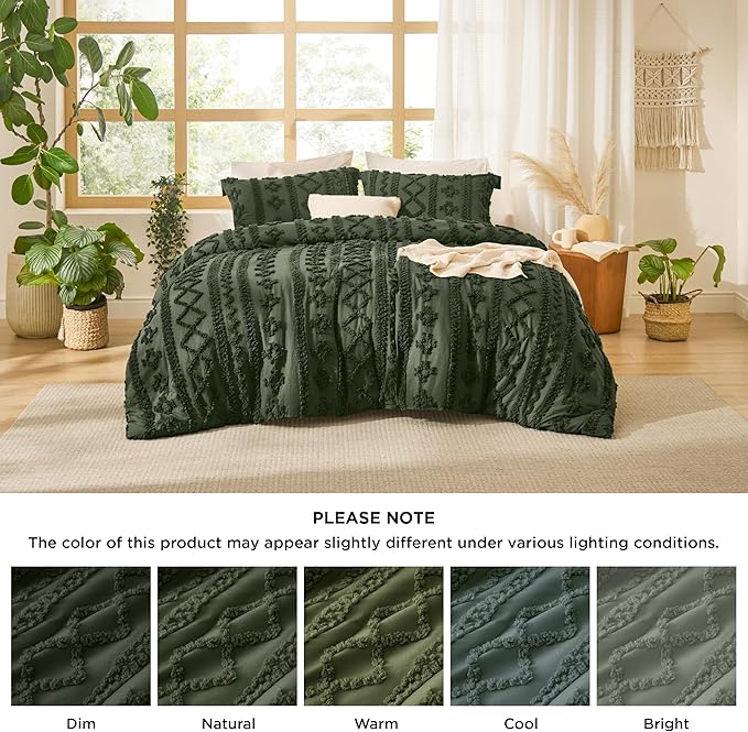 Bedsure Tufted Boho Comforter Set Oversized King - Olive Green Boho Bed Set, GentleSoft™ 3 Pieces Farmhouse Shabby Chic Embroidery Bedding, Gifts for Woman, Soft Jacquard Comforter for All Seasons