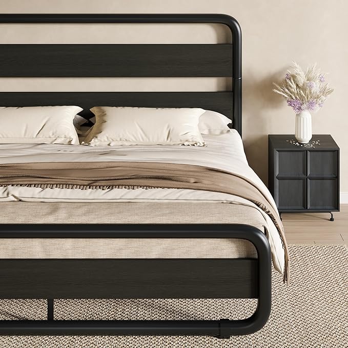 SHA CERLIN Queen Size Metal Bed Frame with Wooden Headboard and Footboard, Heavy Duty Oval-Shaped Platform Bed with Under-Bed Storage, Noise Free, No Box Spring Needed, Black