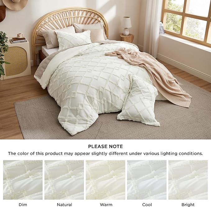 Bedsure Boho Comforter Set King - Ivory Tufted King Size Comforter, 3 Pieces Farmhouse Shabby Chic Embroidery Bed Set, Soft Fluffy Geometric Pattern Bedding for All Seasons