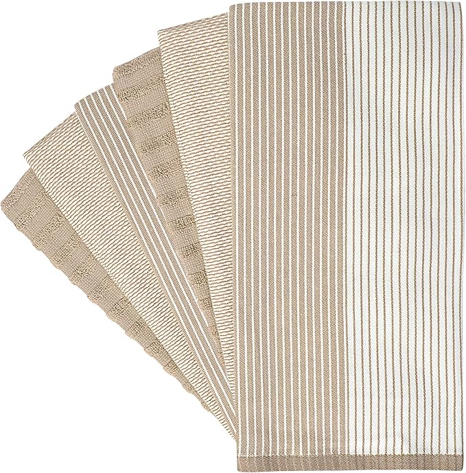 Premium Dish Towels 6 Pack Large Cotton Flat Terry Absorbent Tea Towels with Hanging Loop Tan 20x28