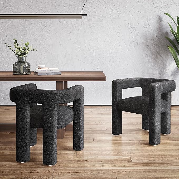 BELLEZE Modern Boucle Barrel Dining Chair Set of 4, Upholstered Linen Kitchen Boucle Armchair with Sidearms and Back, for Dining Room Living Room- Black