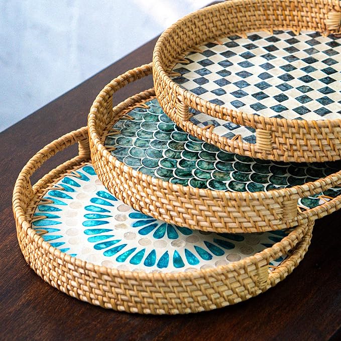 JUNGLE CULTURE Rattan Serving Tray 12" with Mother of Pearl Inlay • Coastal Boho Collection • Handcrafted Woven with Handles for Home • Round Dining Tray • Wicker Serving Basket – Cascade