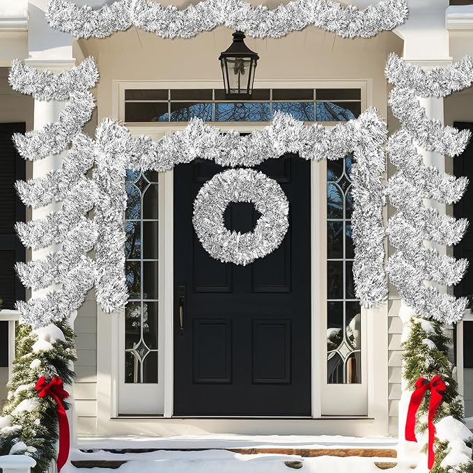 50FT Silver Tinsel Christmas Garland Metallic Twist Garland Shiny Hanging Tinsel for Christmas Tree Party Supplies Indoor Outdoor Home Xmas Decoration (Silver)