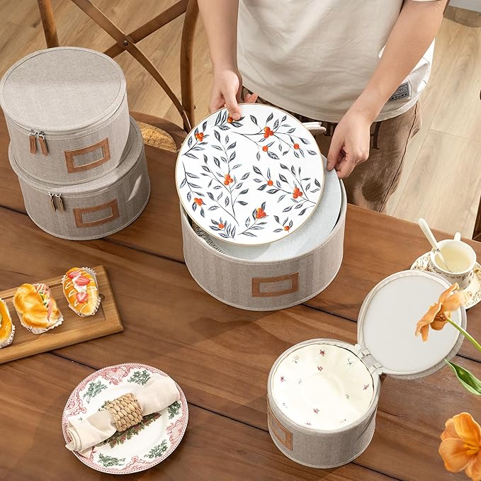 StorageWorks China Storage Containers, Hard Shell Storage Boxes for Plates, Mugs, Stemware Storage Cases, Holds up to 12 Place Settings, Foldable and Stackable Organizers, 5 Pack, Brown and Beige
