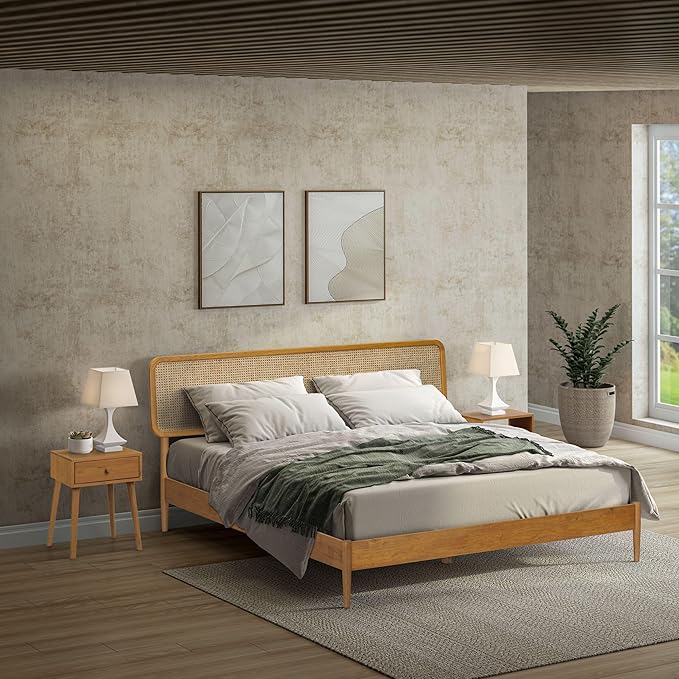 NTC Lupin Wooden Bed Frame with Headboard and Natural Rattan, Solid Oak/Rubber Wood Foundation with Silent Slats, 1000 Lb Capacity, Effortless Assembly (Natural Cane - Rustic Oak, King)