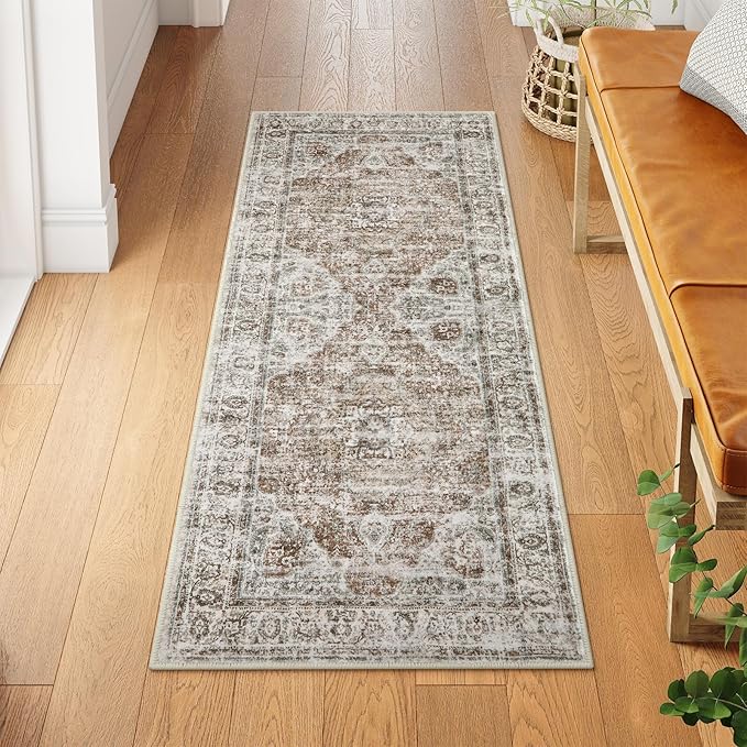 Uphome Bathroom Runner Rug, Distressed Tribal Farmhouse Khaki Bathroom Mat, Large Bathroom Rugs Non Slip Washable, Oriental Retro Boho Bath Mat Runner for Bathtub Sink Hallway, 24x59 inch