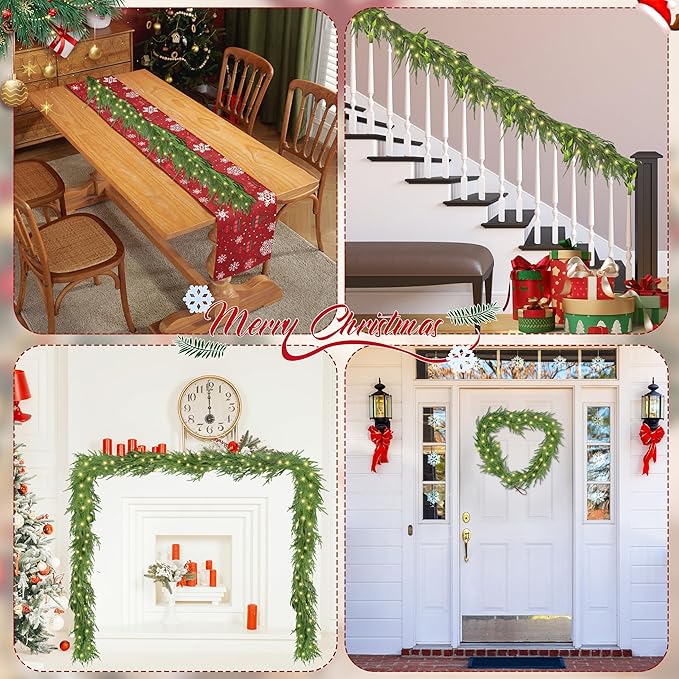 2Pcs 6FT Christmas Norfolk Pine Garland with Light, Lighted Real Touch Norfolk Pine Garland, Artificial Greenery Garlands for Indoor Outdoor Fireplace Wall Stairs Table Xmas Decor