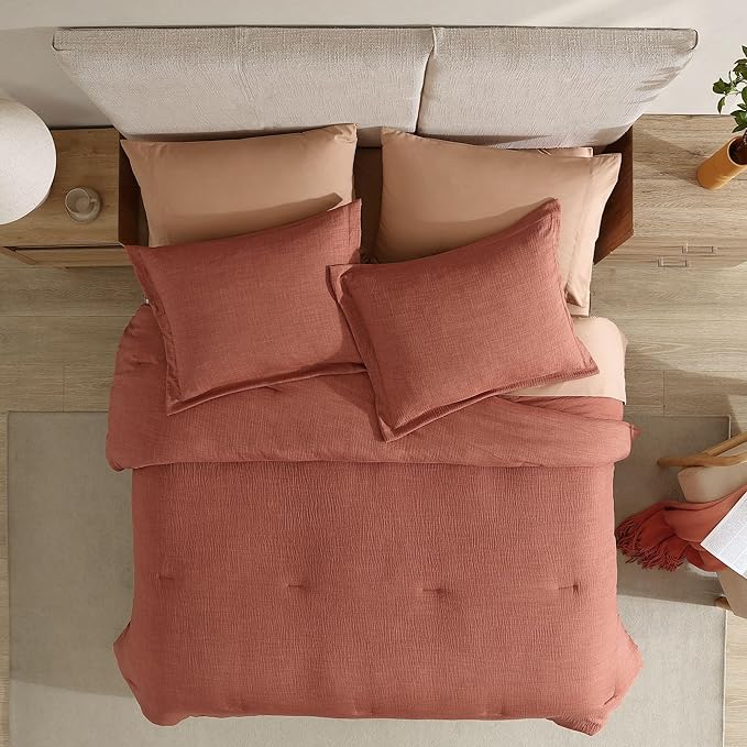 Geniospin Full Size Comforter Set- 7 Pieces Terracotta Textured King Bedding Set, Soft Solid Bed in a Bag for All Seasons, Fall Comforter Set with Sheets