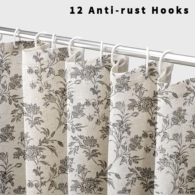 Black Shower Curtain Floral Cotton Linen Cottagecore Shower Curtain for Bathroom 72" W x 78" L