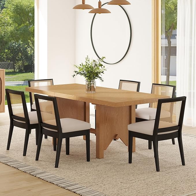 Farmhouse Rattan Dining Chairs Set of 6 Black Wood Dining Room Chairs Rectangle Cane Country Kitchen Chairs Upholstered Wood Dining Chair for Dining Room, Cream Linen