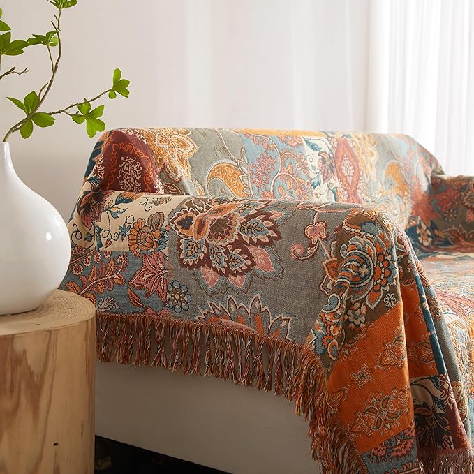 Boho Throw Blanket 100% Cotton Woven Ultra Soft 4-Layer Muslin Quilt Farmhouse Bed Blanket Cover 80"x90", Patchwork Floral