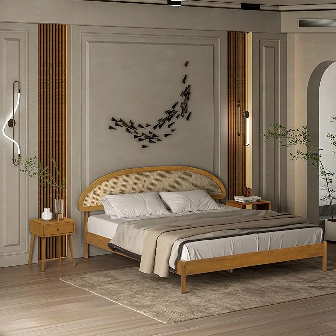 NTC Gem Wooden Bed Frame with Headboard and Natural Rattan, Solid Oak/Rubber Wood Foundation with Silent Slats, 1000 Lb Capacity, Effortless Assembly (Natural Cane - Rustic Oak, King)