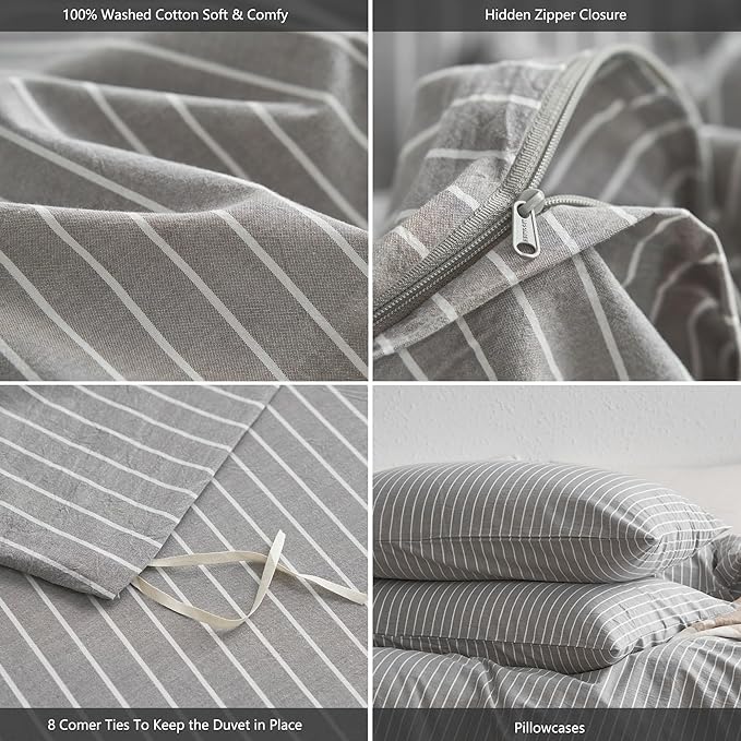 MooMee Striped Duvet Cover Set 100% Washed Cotton Linen Like Textured Breathable Durable Soft Comfy (Light Grey White Wide Stripes, Oversized Queen 98"x98")